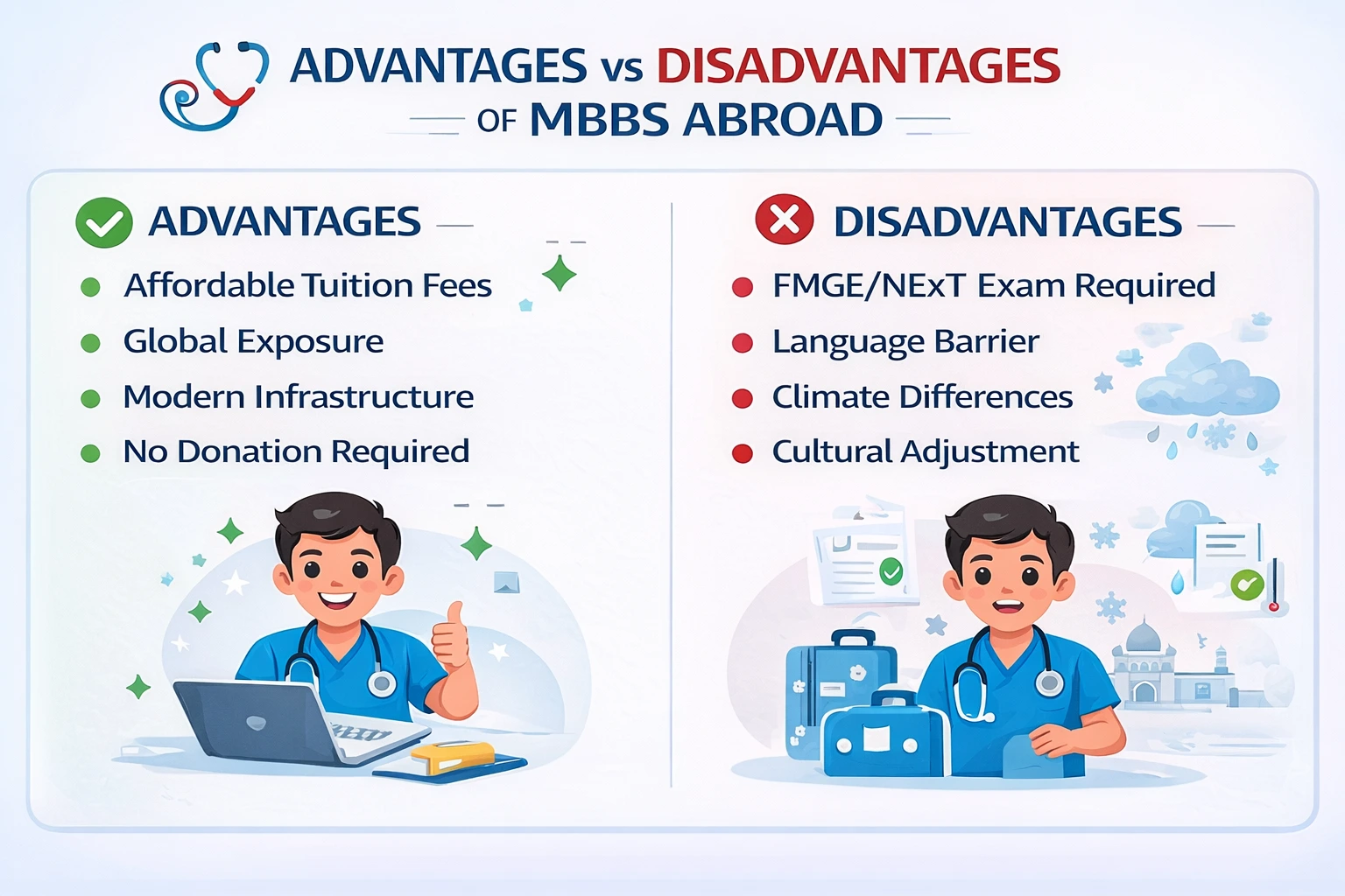 Advantages of MBBS abroad for Indian students including affordable fees global recognition and international exposure infographic